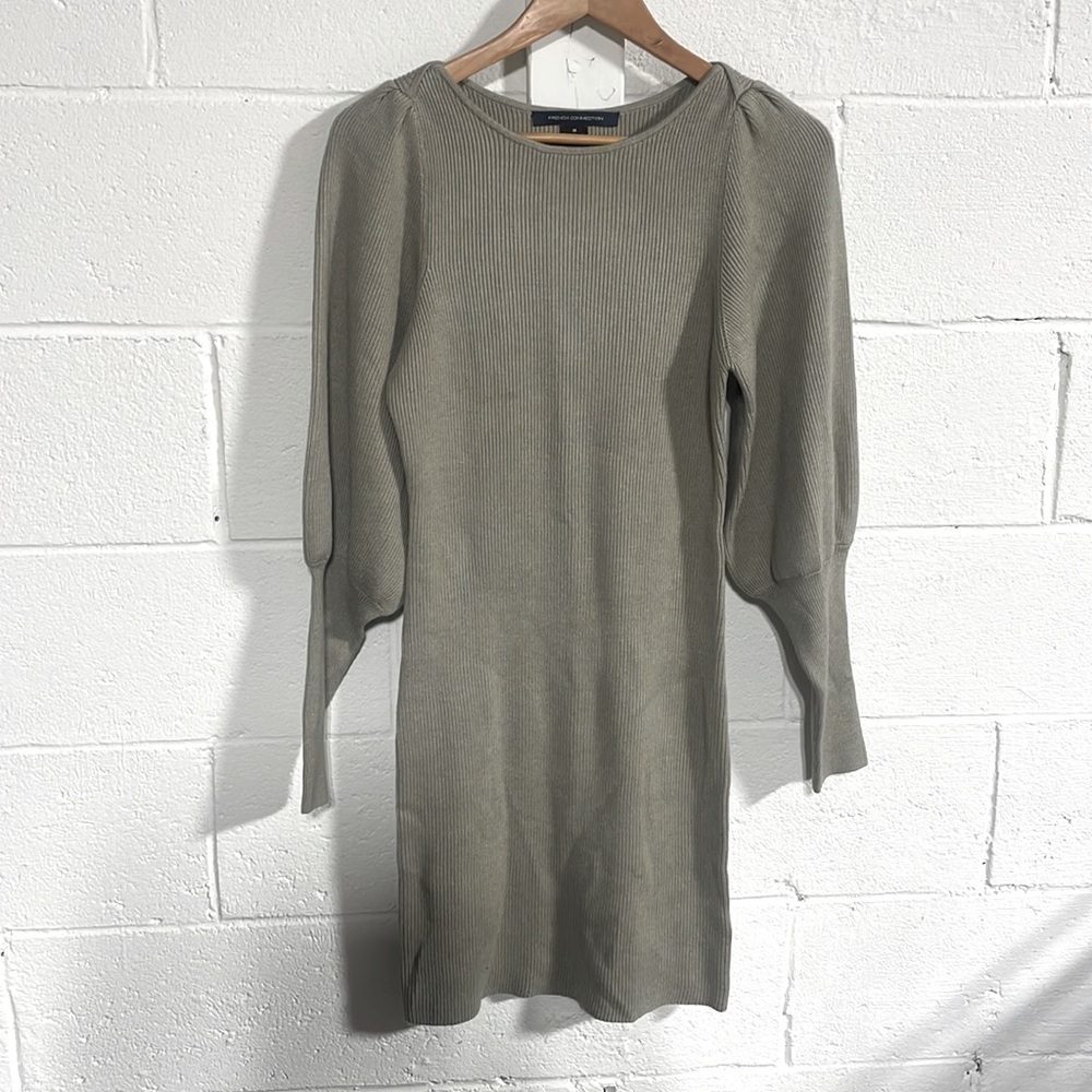 French Connection Beige Sweater Dress With Puff Long Sleeves Sz Medium